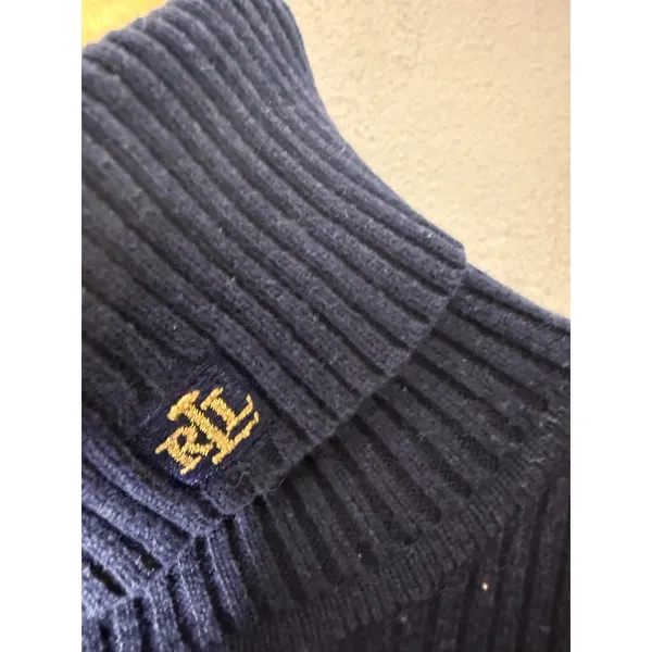RALPH‎ LAUREN Navy Blue Gold Metallic Stripe Cotton Blend Logo Ribbed Sweater S - Image 3