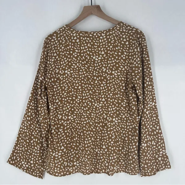Maurices Brown & White Speckled Dot Print Flare Sleeve Tie Front V-Neck Blouse S - Image 10