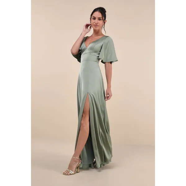 NWT Lulus Elegant Confidence Sage Satin Flutter Sleeve Cutout Maxi Dress Size S - Image 9