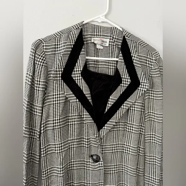 VTG Patty O’Neil Plaid Houndstooth Longline Coat Black White Pattern Size M 6 - Image 4