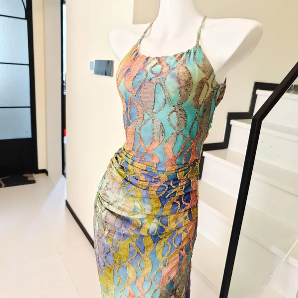Multicolor Tie‑Dye Lace Halter Midi Dress Ruched - Image 3