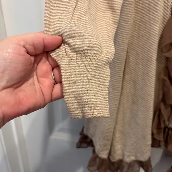 Guinevere Cardigan Brown Striped‎ Ruffle Trim Striped Open Front Sweater Large - Image 3