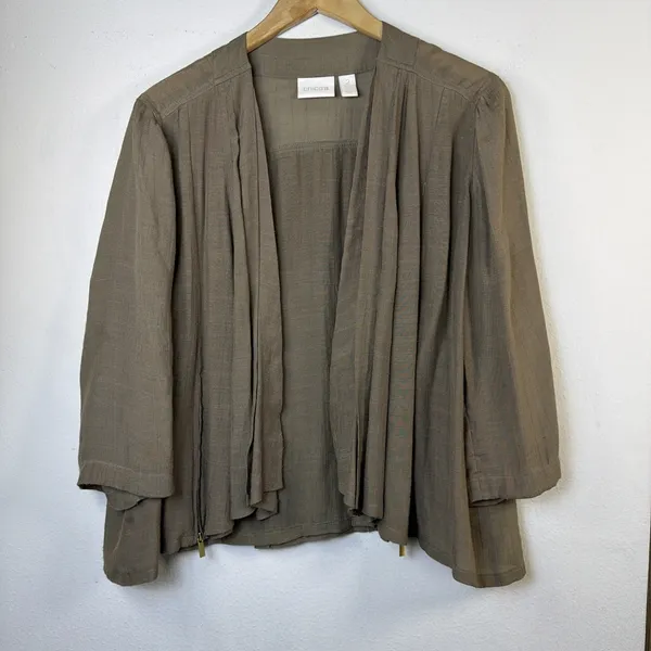 Chico's Women's 3/4 sleeve Open Front Jacket zipper accents flowy bohemian - Image 2