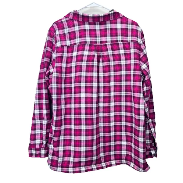 LL Bean Pink Plaid‎ Fleece Lined Flannel Shirt Jacket Shacket Size LARGE - Image 5
