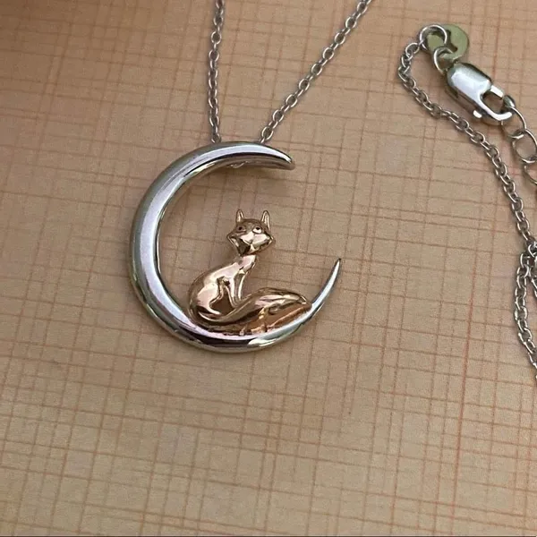Fox and Crescent Moon Sterling Silver and Rose Gold Necklace - Image 4