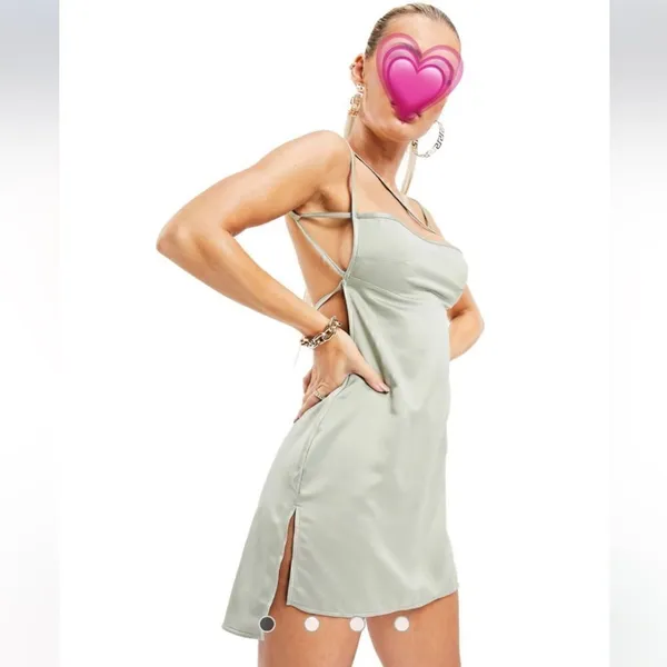 ASOS AsYou Strappy Backless Satin Mini Dress in Light Olive - Image 3