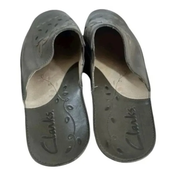 Clarks Women Olive Green Leather Slip On Mules Thick Stitched Clogs Wedges 9M - Image 4