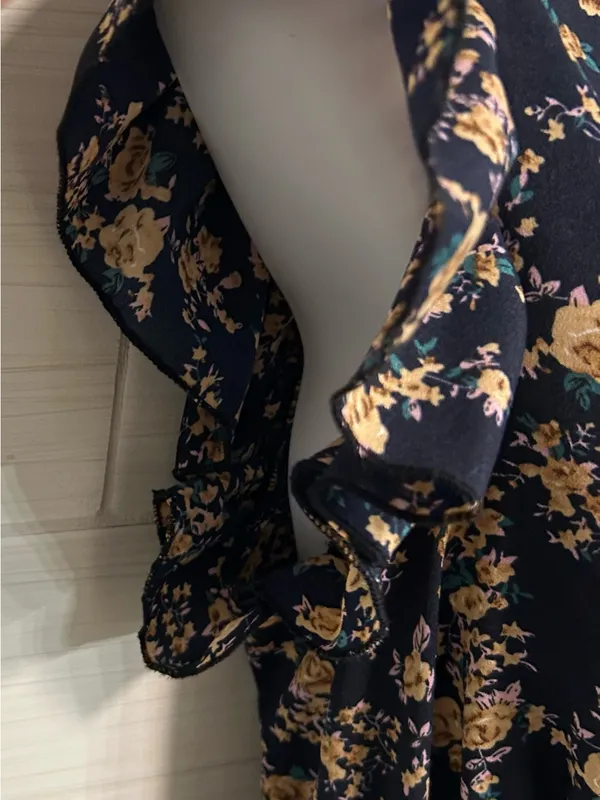 Navy Floral Dress Short Flutter Sleeves Mid Calf Maxi Lightweight, Small - Image 3