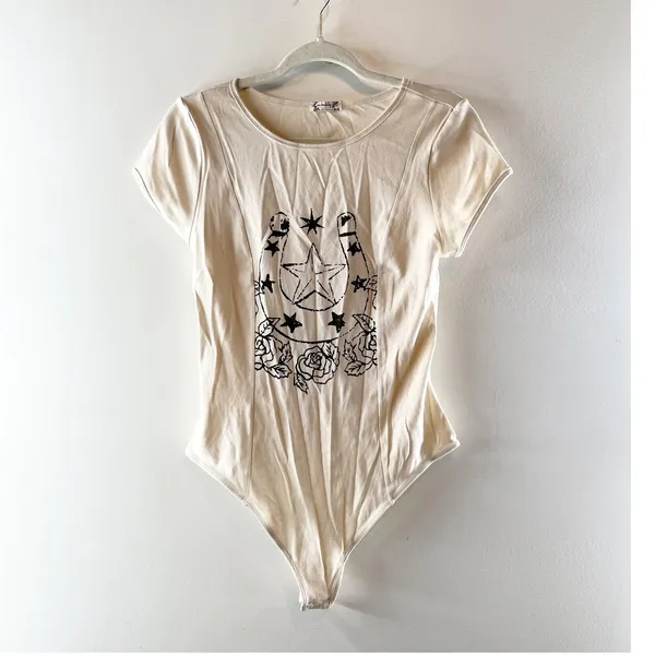 Free People Desert Darling Short Sleeve Western Horseshoe Bodysuit Top Cream L - Image 2