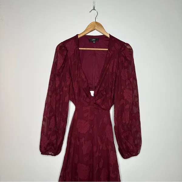 Lulus Desired Aesthetic Wine Red Floral Burnout Long Sleeve Midi Dress Size L - Image 4