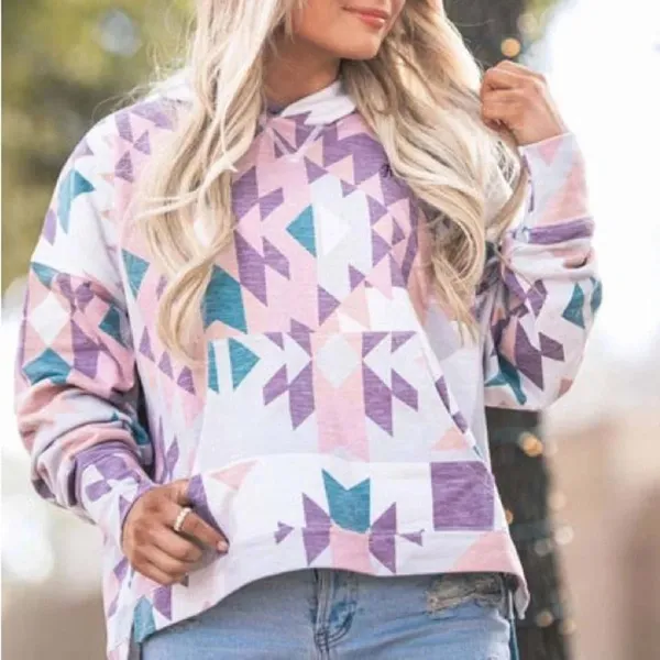 Hooey Women’s Roomy Burgundy Grey Hoodie Sweatshirt Longsleeve Aztec Print S - Image 3