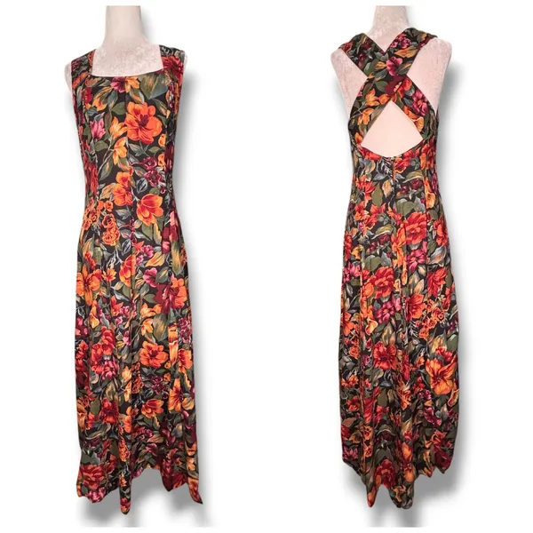 Vintage All That Jazz Dark Floral Black Crossback Maxi Dress Sleeveless Romantic - Image 5