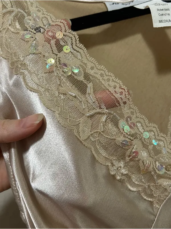 American Vintage Y2K Champagne Satin Lace & Sequin Bust Panel Dress Fairycore Coquette Nymphcore - Image 3
