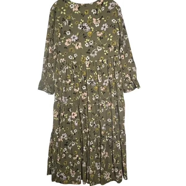 Madewell Women‎ Olive Green Floral Tiered V-Neck Midi Dress XXS Long Sleeve - Image 2
