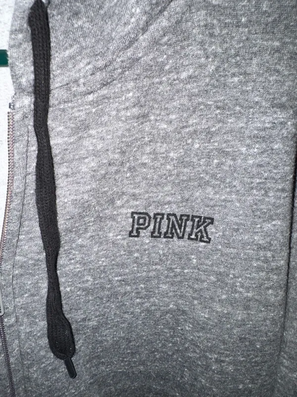 PINK Victoria's Secret Gray Zip Hoodie with Black Drawstrings Y2K - Image 5