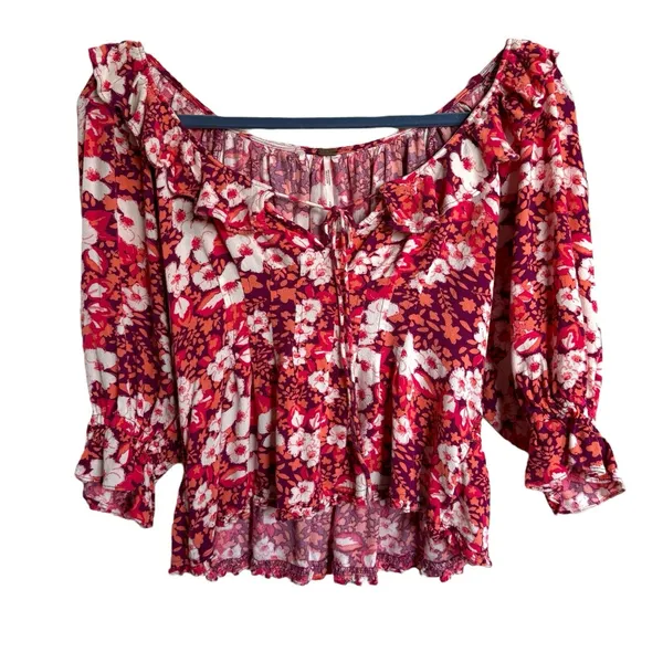 Free‎ People Womens Blouse Size S Sweet Memories 3/4 Sleeve Orange & Pink Floral - Image 5