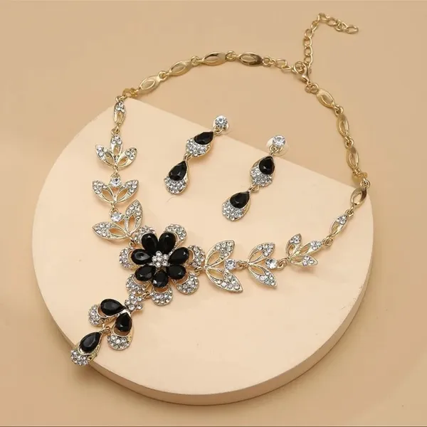 Black Crystal Flower Women Earring Necklace Jewelry Sets Luxury Gold Color - Image 3