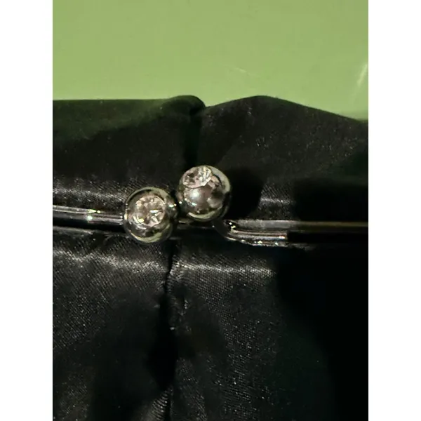 Nine West Black Satin Pleated Evening Clutch Rhinestone Kiss Lock Chain Strap - Image 4