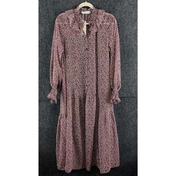 NWT Mango Amelie Floral Maxi Dress Size 4 Red Black Chiffon Ruffle Long Sleeve - Image 2
