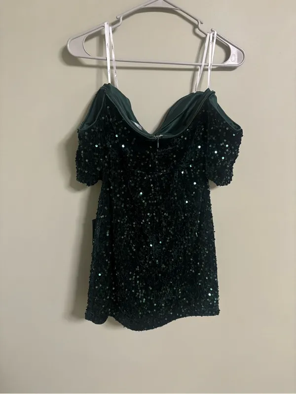 Lulus All Aglitter Emerald Green Sequin Off the Shoulder Mini Dress Size Medium - Image 3