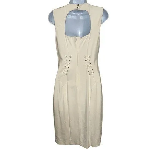 CACHE‎ Ivory Lace Up Grommet Cut Out Back Sleeveless Sheath Dress EUC Size 6 - Image 5