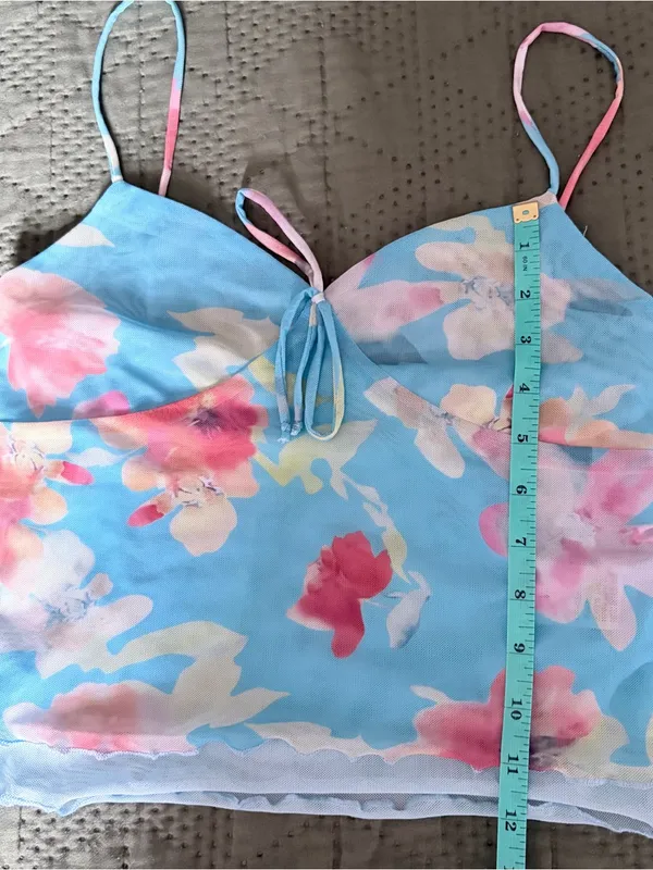 Y2K Floral Mesh 2-Piece Crop Top & Skirt Set Blue Medium - Image 6