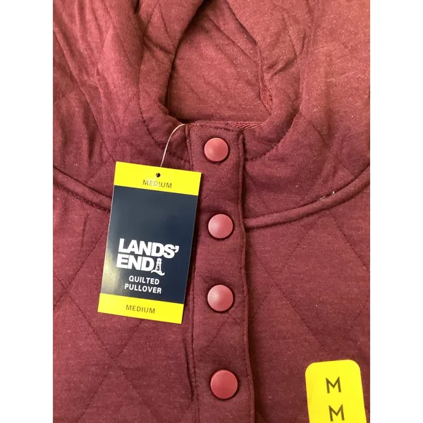 Lands End Women Quilted Pullover Hoodie Burgundy Snap Neck Sweatshirt Medium NWT - Image 2