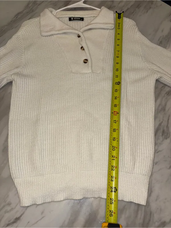 BTFBM Women Cream Knit Button Collar Pullover Sweater Size Medium - Image 2