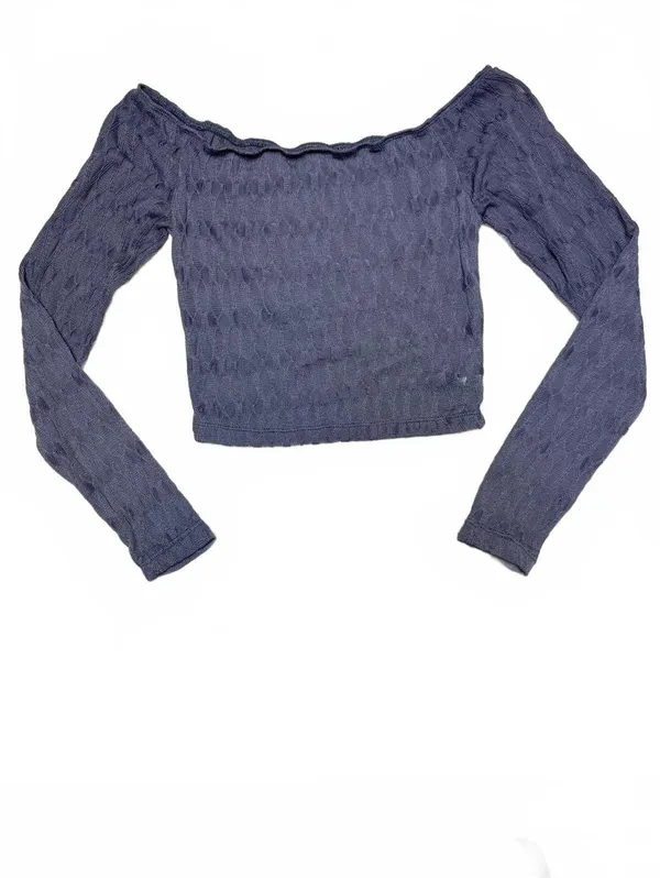 SHEIN Textured Off-Shoulder Crop Top Charcoal Grey Long Sleeve Y2K Style Size xS - Image 2