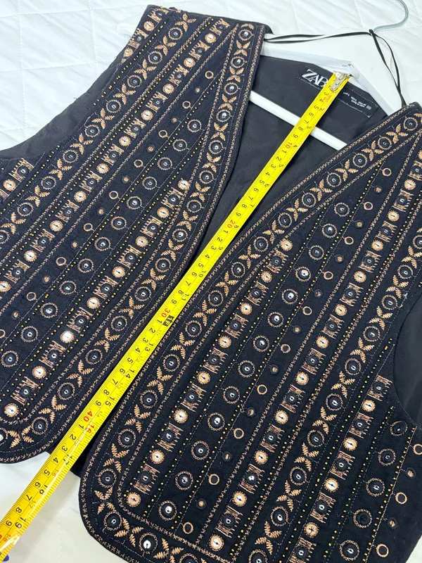 ZARA Embroidered Mirror Vest Black Boho Festival Artisan Western Statement L - Image 6