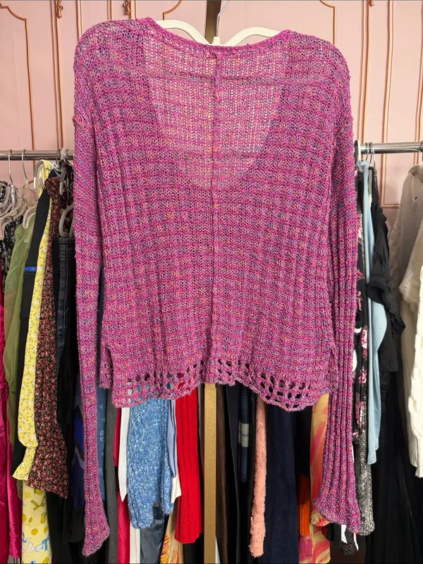 Free People Pink Multicolor Marled Knit V Neck Sweater Open Knit Boho Pullover - Image 6