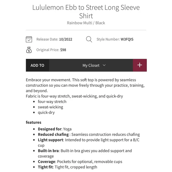 Lululemon Ebb to Street Long Sleeve Shirt Rainbow Multi / Black 8 women - Image 10