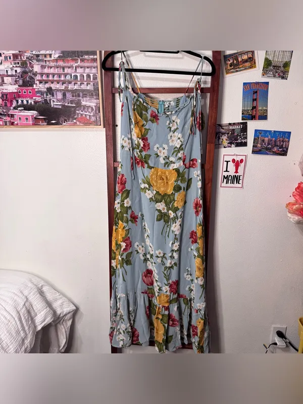 Reformation Enya Floral Ruffle Light Blue Midi Dress - Image 4