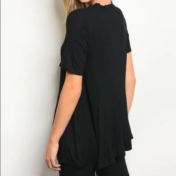 Black Flowy Relaxed Fit Tunic Top Soft Stretch Jersey Short Sleeve Blouse Size S - Image 2