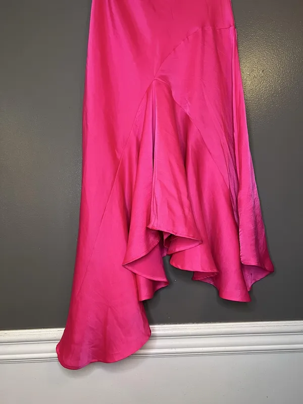 Anthropologie Skirt Womens XXS Pink Satin Asymmetric Ruffle Layered Long Party - Image 3