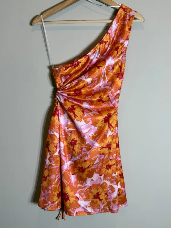 Hello Molly Loving That Girl Mini Dress Women's Small Orange Floral One Shoulder - Image 12