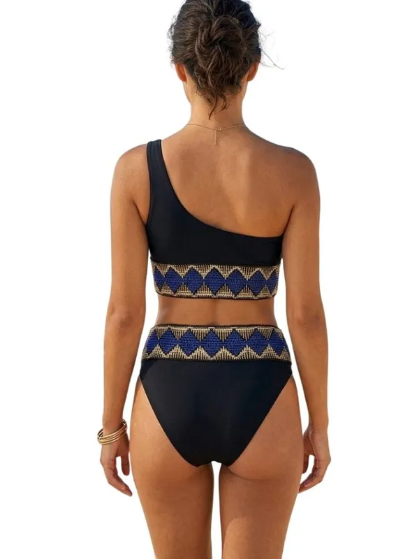 Elysiian One-Shoulder Milos Bikini Black Geometric S/XS Resort Beach Cruise - Image 2