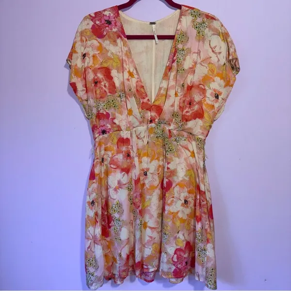Free People Freddy Pink Floral Print Short Sleeve Tie Mini Dress S Babydoll Boho - Image 2