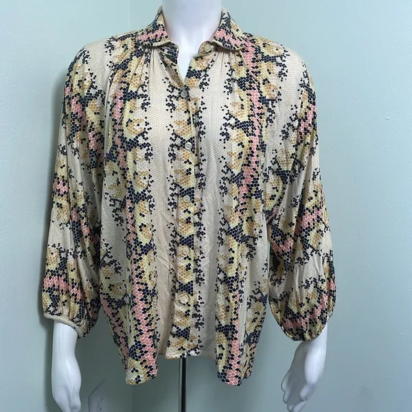 ANTHROPOLOGIE Abbe Honeycomb Buttondown Hexagonal Tops Long Sleeve Pink Size XS - Image 7