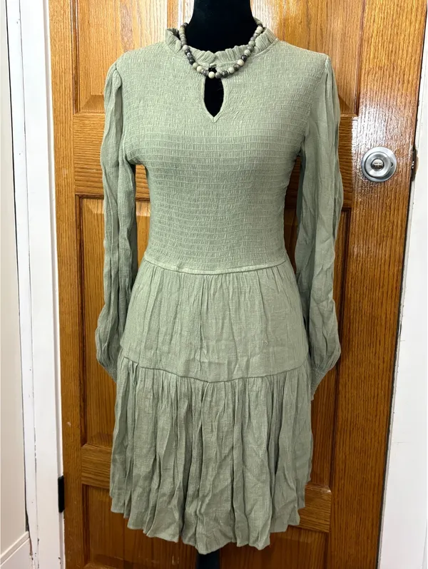 Women’s Sage Green Smocked Tiered Mini Dress Long Sleeve Size Small - Image 2