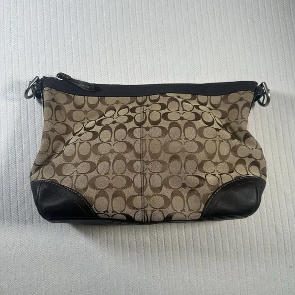 Coach Signature Canvas Crossbody Purse Brown Tan Leather Trim Bag Missing Chain - Image 3