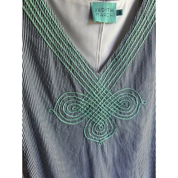 Judith March Blue and White Pinstriped Dress Mint Green Embroidery Size Small - Image 4