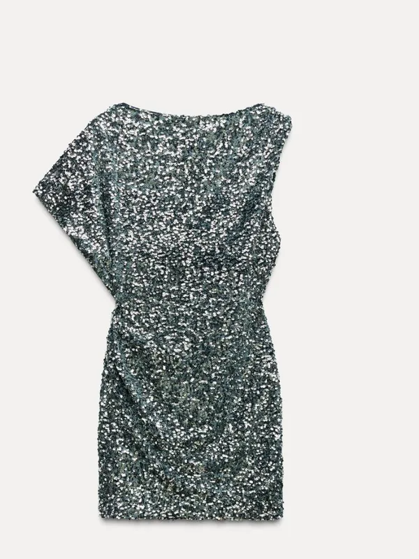 NWT ZARA SEQUINED Asymmetric MINI DRESS Navy Silver Festive Days - Image 9