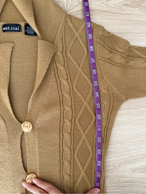 Wet Seal Small Cable Knit Long Open Cardigan Tan Camel Wool 60s 70s Penny‎ Lane - Image 6