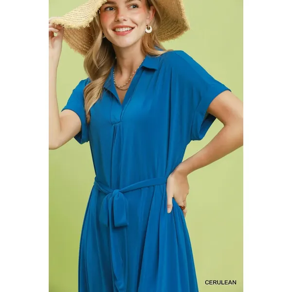 Umgee Collared Belted Midi‎ Dress - Cerulean - Small - Image 6
