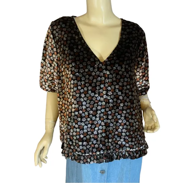 Madewell Velvet Tulip Sleeve Silver & Brown With Ruffle Trim Top Nwt (Xl) - Image 2