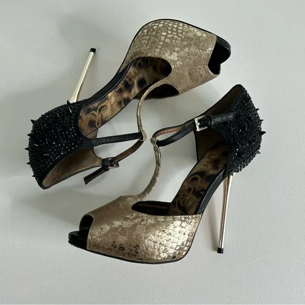 Sam Edelman Scarlett Black‎ and Gold Heels Size 7.5 - Image 8