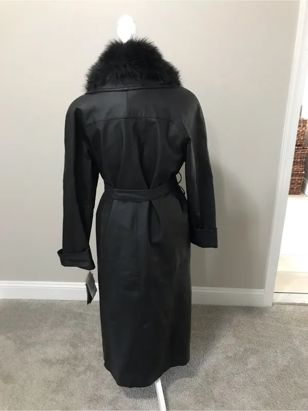 NWT Black Faux-Fur Collar Leather Trench Coat - Image 2