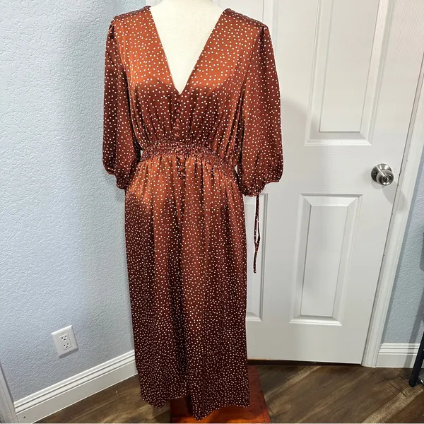 Taylor Rust Polka Dot Midi Dress Size 16 V-Neck Smocked Boho Chic - Image 2