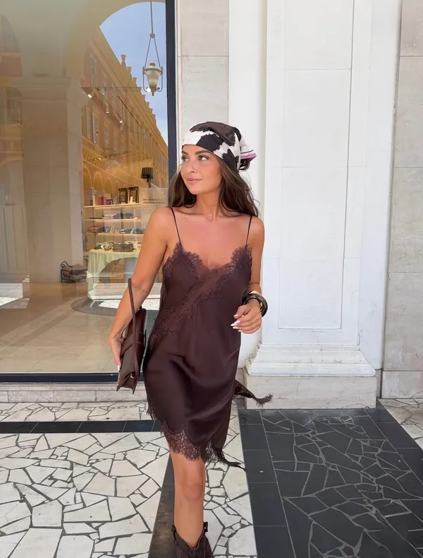 Zara Elegant Brown Lace Slip Satin Mini Asymmetric Dress blogger favorite - Image 6